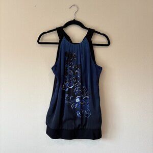 White House Black Market Blue Black Floral Dressy Blouse Tank Size Small